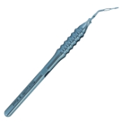 Pre-Chopper Forceps, Titanium, Angled 45 Degrees, Tips Open to 2.5mm, Arrow Shaped Tips, 3mm x 1mm Flattened Paddle Area, Maximum Width at Incision Point 1.8mm, Cross Action Shaft, 13.5mm Bend to Tip, Round Handle Overall Length 4.7" (119mm) 
